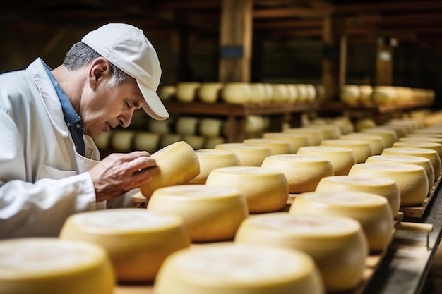 An elderly farmer checks the readiness of his homemade cheese The cheese matures in the farmer's basement Homemade cheese production Natural product