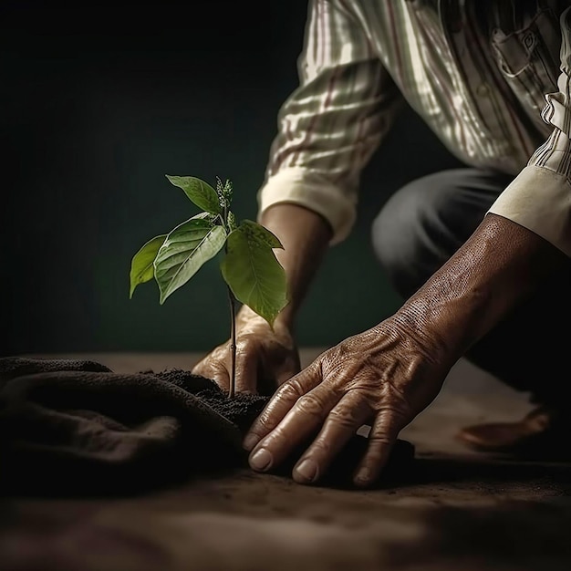 Elderly farmer man's hands planting a sprout in the ground Illustration