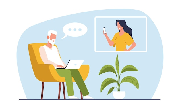 Elderly father communicates with his daughter via laptop Online communication video call older generation mastering technologies cartoon flat style isolated illustration Vector concept
