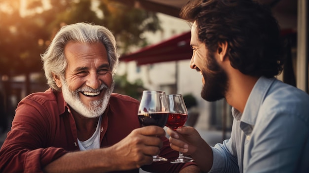 An elderly father and son are sitting on the terrace drinking wine