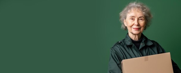 An elderly female courier holds a cardboard box in front of a green background Delivery service