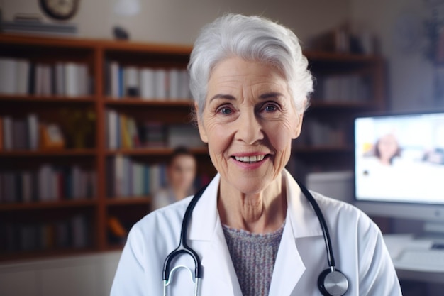 Elderly female doctor gp physician with stethoscope friendly smiling Clinic staff Generative AI