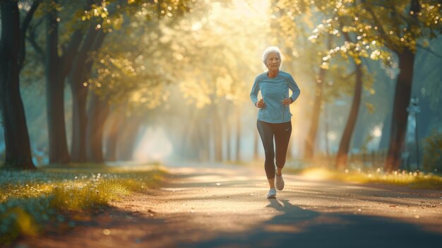 나무로 둘러싸인 길에서 발걸음을 는 노인 여성 달리기 선수, 잎을 가로질러 빛과 그림자의 춤을 만드는 빛 필터링