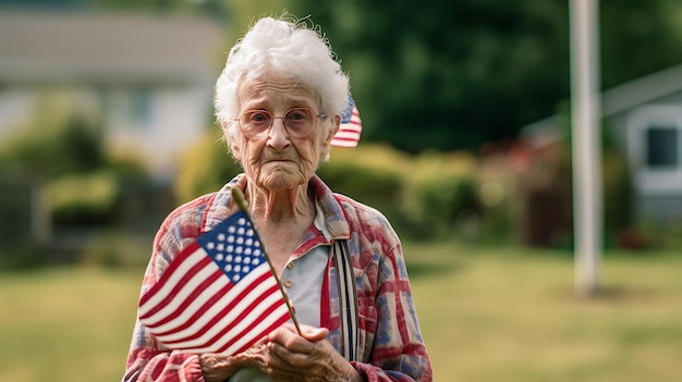 Foto un'anziana veterana tiene in mano una bandiera americana per il giorno della memoriacreato con la tecnologia dell'ia generativa