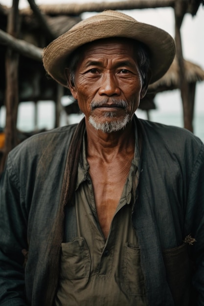 Photo elderly fisherman with a hat looking at the camera of a boat and water generative by ai