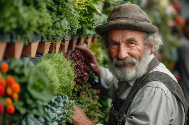 Foto un fiorista anziano in un colorato mercato dei fiori in una giornata luminosa