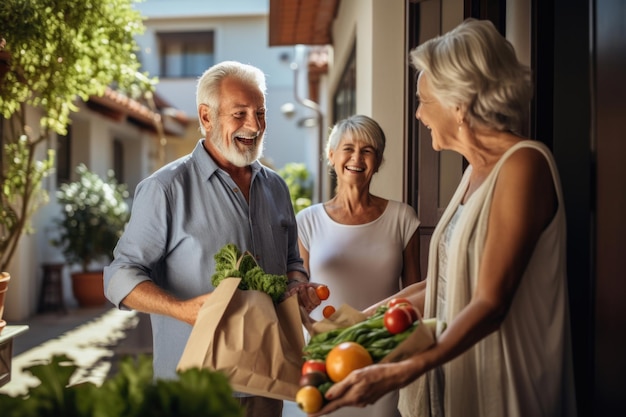 Elderly folks delighted with vegetables Assisting seniors with doorstep grocery delivery