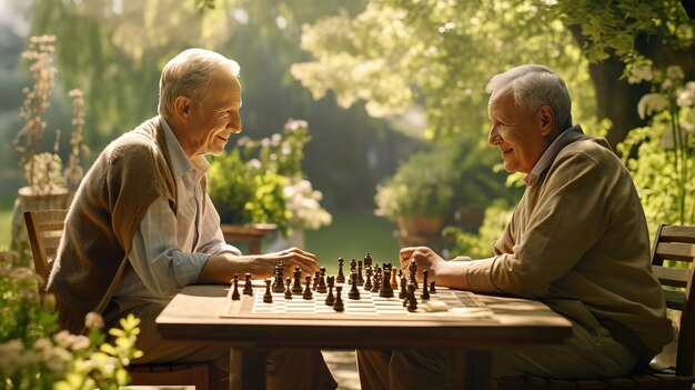 Elderly friends engaged in a strategic chess game outdoors