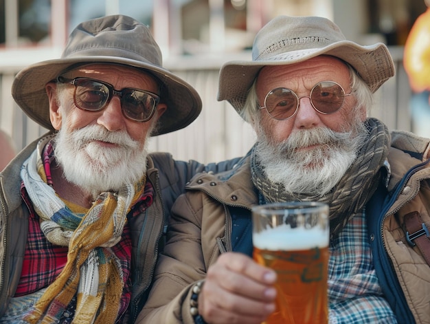 Foto amici anziani con le birre in una riunione all'aperto