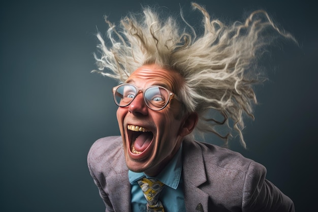 Photo elderly funny man funny hair and a silly face senior with beard and eye making a goofy expression