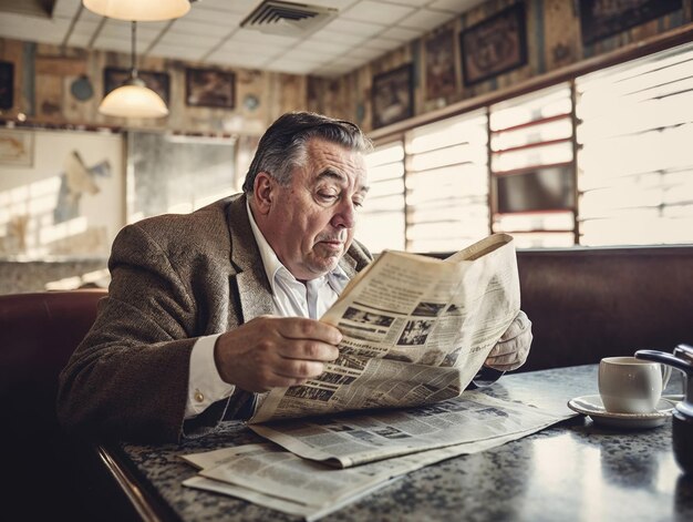 Foto un signore anziano assorbito da un articolo di notizie a un tavolo da pranzo retro