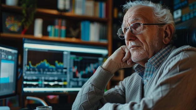 An elderly gentleman in his study looking satisfied as he successfully manages his investments online