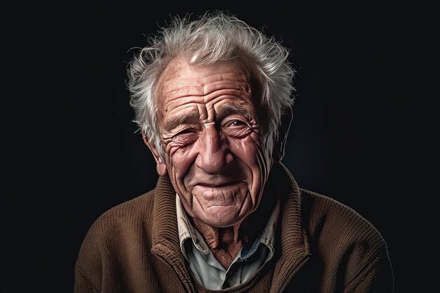 An elderly gentleman is smiling contentedly in a portrait