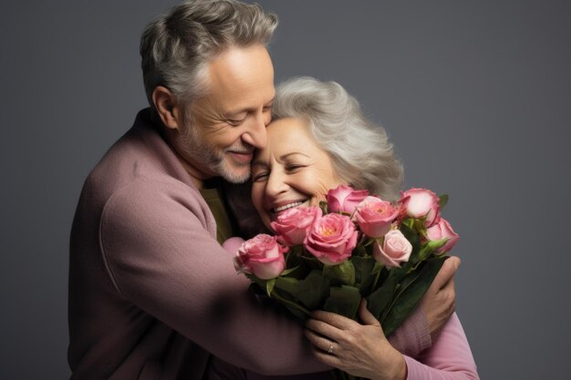 An elderly gentleman tenderly embraces an older woman presenting her with a bouquet a heartfelt Mother39s Day and International Women39s Day tribute
