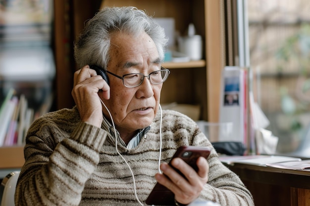 Photo elderly gray haired japanese male in glasses and beige sweater sitting at table adjusting earphones while listening to audio on mobile phone
