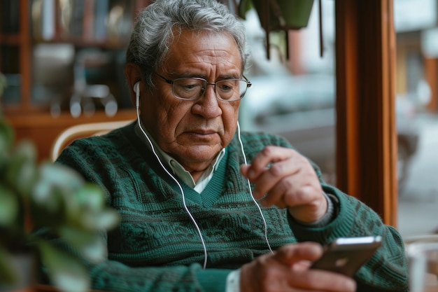 안경과 에메랄드 스웨터를 입은 노인 회색 머리 라틴 아메리카 남성이 휴대전화에서 오디오를 듣는 동안 테이블에 앉아 헤드폰을 조정하고 있습니다.