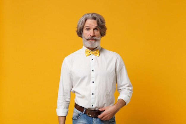 Elderly gray-haired mustache bearded man in white shirt and bow\
tie posing isolated on yellow orange wall background, studio\
portrait. people sincere emotions lifestyle concept. mock up copy\
space.