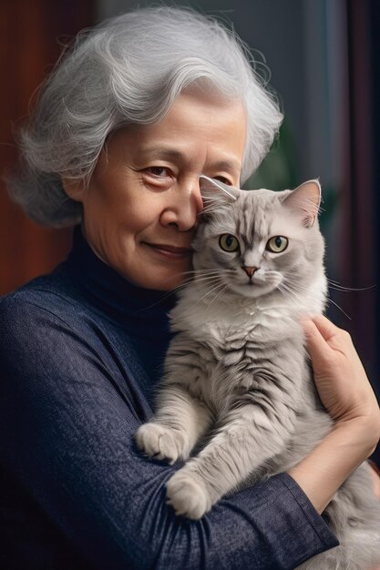 노인 한 회색 머리 아시아 여자 가 애완 동물 인 고양이 를 안아