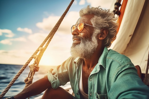 An elderly grayhaired man sits on a boat or yacht in the ocean Looking into the distance at the waves An old man's sea voyage