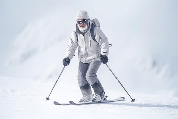 Elderly grayhaired man skiing in the mountains