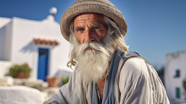 屋外の静けさを楽しむギリシャの年配の男性。AI が生成したギリシャ文化の不朽の精神の生きた証です。