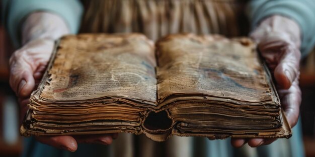 Elderly Hands Presenting an Antique Open Book