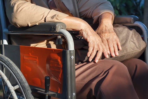 Elderly hands on a wheelchair