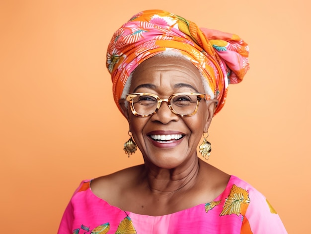 Elderly happy African American woman wearing bright colors turban on white background