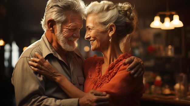 Photo elderly happy couple dances together in the studio