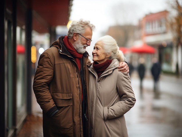 Пожилая счастливая пара обнимается на улице