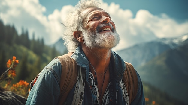 나이 든 행복한 영감을 미소 짓는 회색 수염 긴 머리카락의 남자가 산 계곡에서 깨한 공기를 호흡