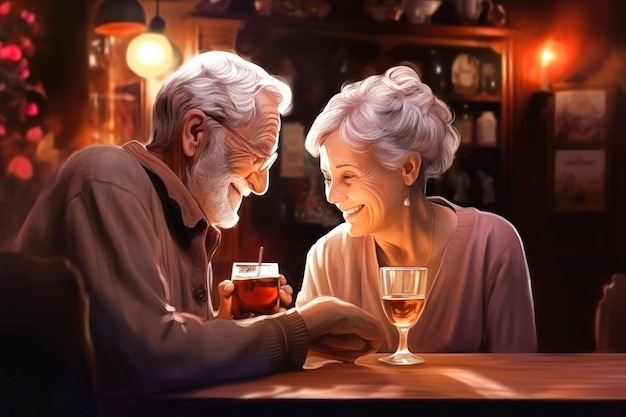 Elderly happy loving Asian couple with cocktail glasses celebrating Valentines Day at the bar Old people in love drink in a bar