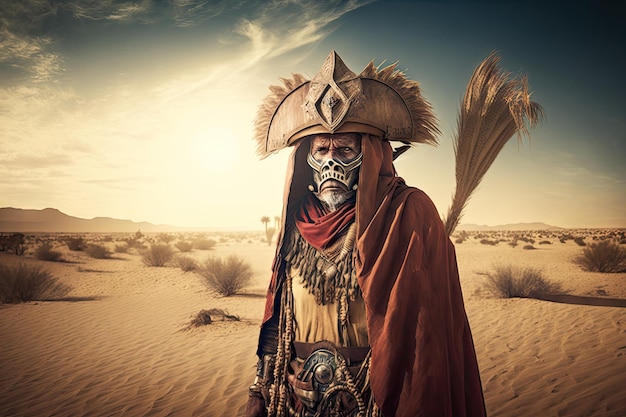 Elderly hispanic guardian warrior in desert