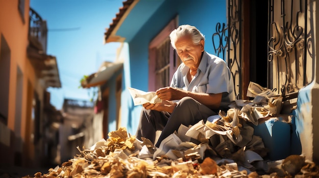 Elderly hispanic man collecting paper from the street in a poor neighbourhood sitting working