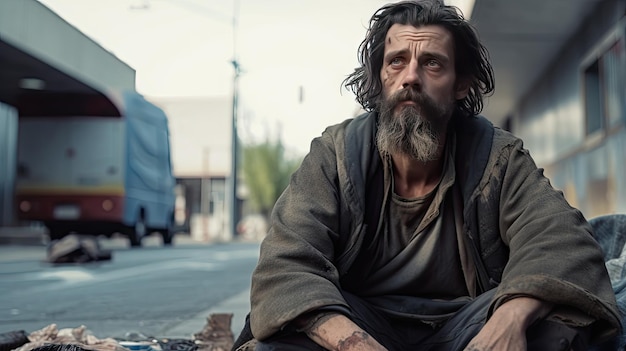 An elderly homeless man in old dirty clothes sits on the ground on a city street An expression of longing and hopelessness on the beggar males face