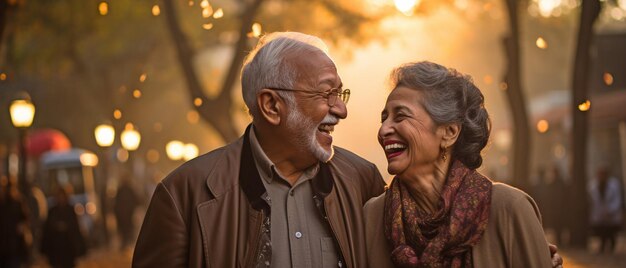 ニューデリーの公園で年配のインド人夫婦が笑顔で手をつないでいる