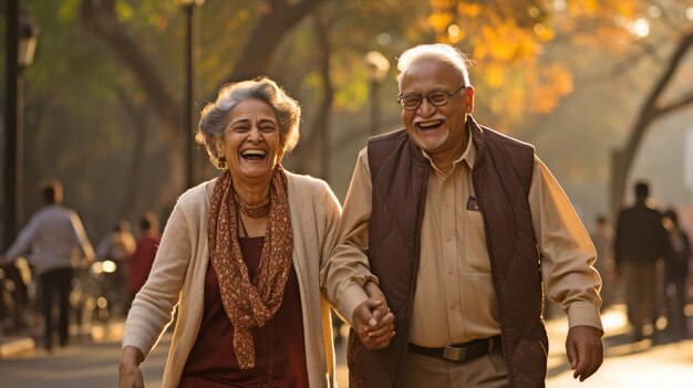 An elderly Indian couple in a park in New Delhi is holding hands closely while grinning