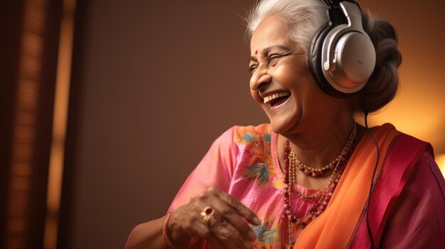 Elderly Indian woman dancing while listening to music on headphones