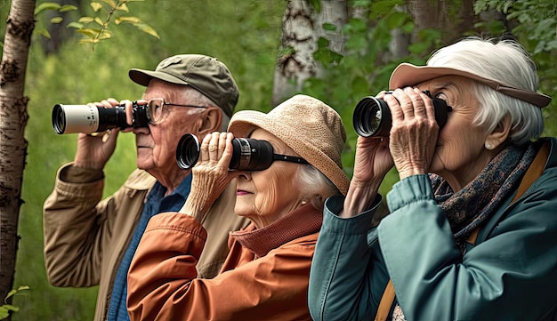 Elderly individuals find joy and connection with nature through the peaceful pastime of birdwatching promoting physical and mental wellbeing Generated by AI