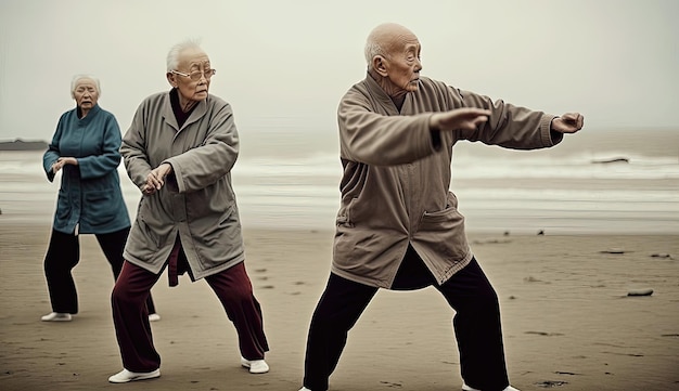 노인들은 AI가 생성한 신체적, 정신적 웰빙을 촉진하기 위해 자신의 균형과 조화를 기르기 위해 태극권 마음챙김 운동 예술을 실천합니다.