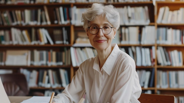 Elderly instructor teaching math to pupils in a library smiling while solving equations on a whiteboard and making eye contact with the viewer