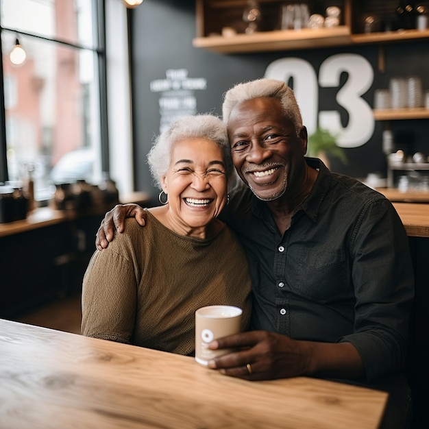 Elderly interracial couple in cafe