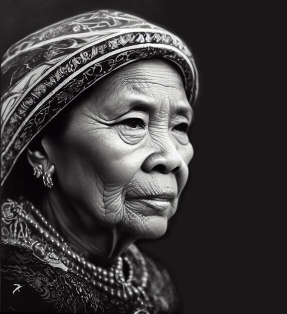 Elderly Japanese woman portrait in black and white style