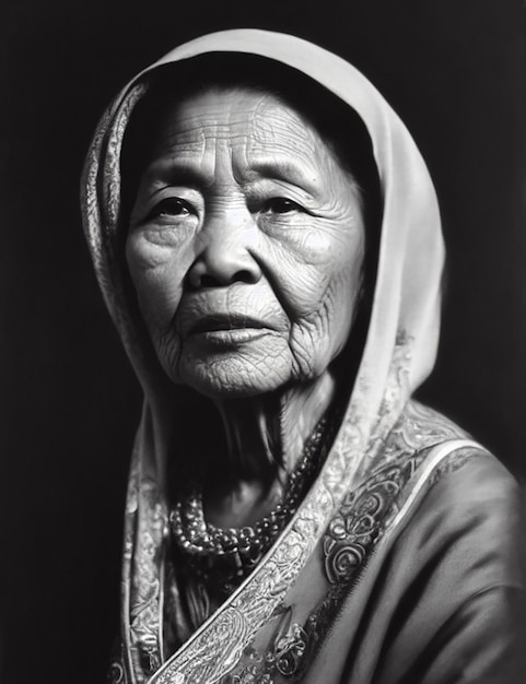 Elderly Japanese woman portrait in black and white style