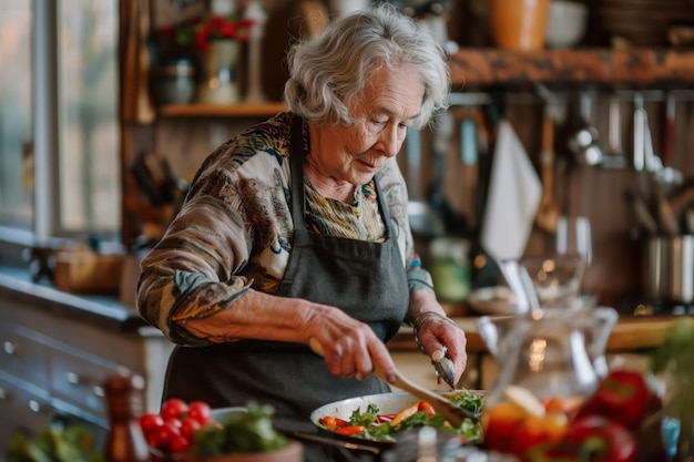 Elderly lady focused on cutting vegetables for a nutritious dinner at home