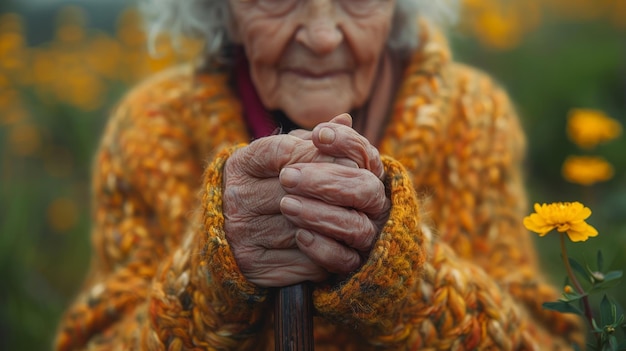 Пожилая женщина с тростью в руках, окруженная золотыми цветами, в тихой сельской местности
