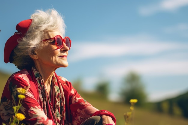Elderly lady outdoors with copyspace