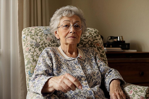 elderly lady resting in an armchair in her room