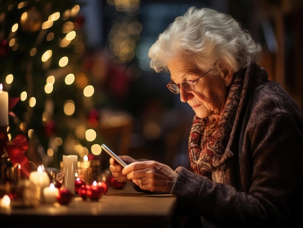 年配の女性がクリスマステーブルに座って携帯電話を見ています