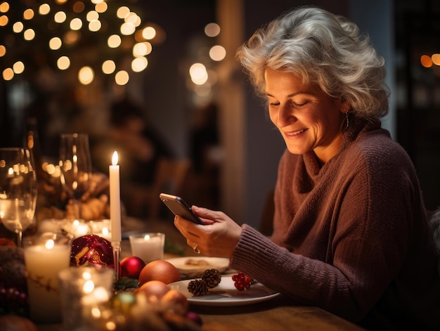 年配の女性がクリスマステーブルに座って携帯電話を見ています